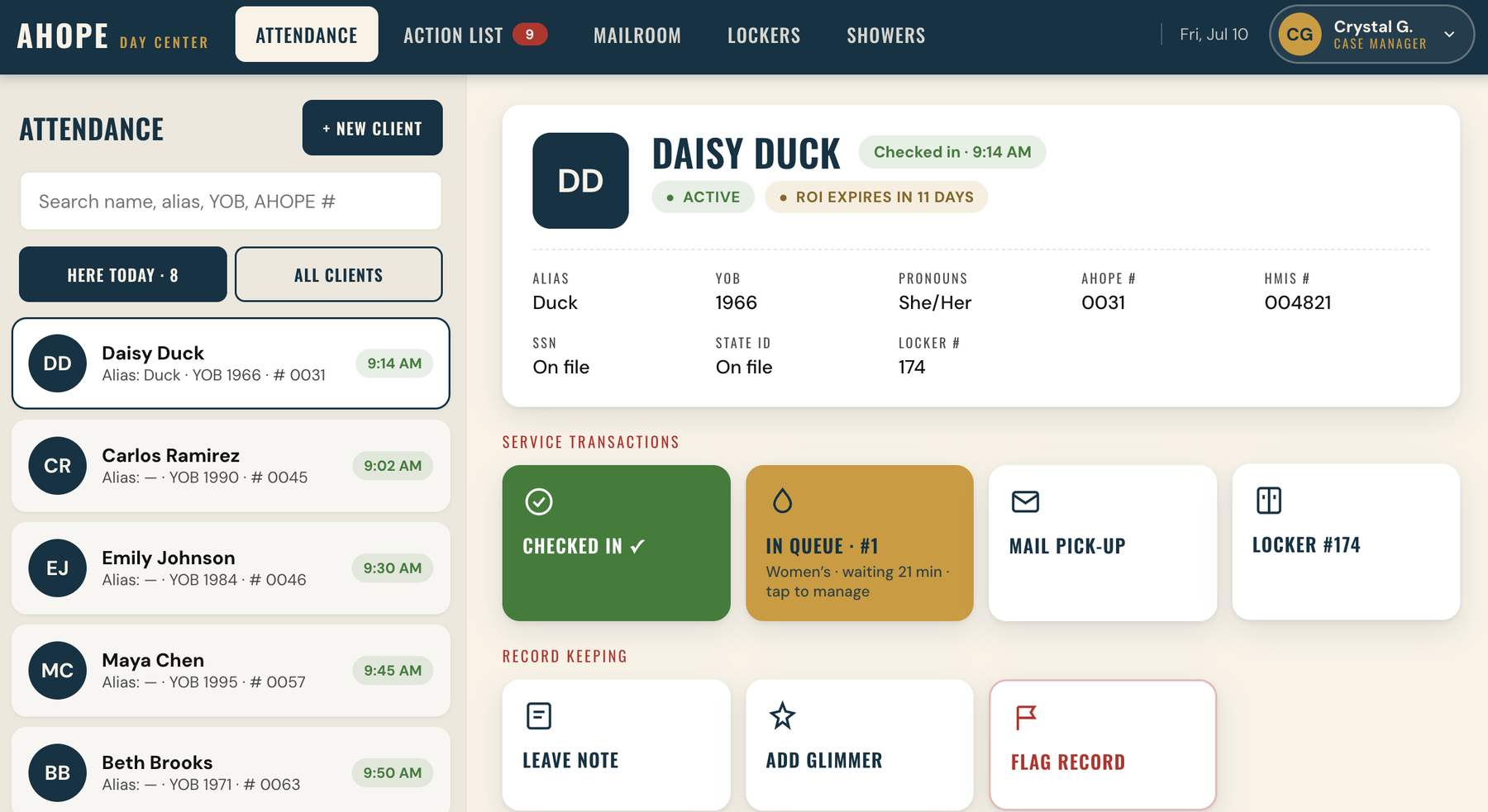 The Flight Path attendance screen: a list of people checked in today beside one person's record, with tiles for checking in, the shower queue, mail pickup, and a locker number.